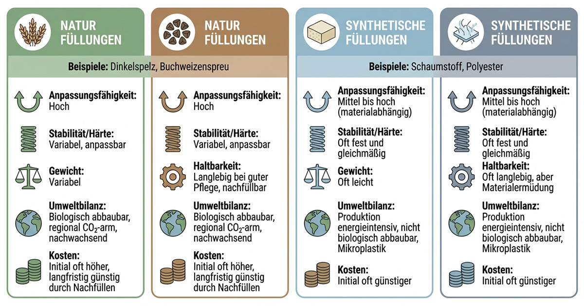 Infografik: Natur- vs. Synthetik-Füllungen für Meditationskissen im Vergleich Infografik Vergleich Füllmaterialien Meditationskissen: Natur vs. Synthetik