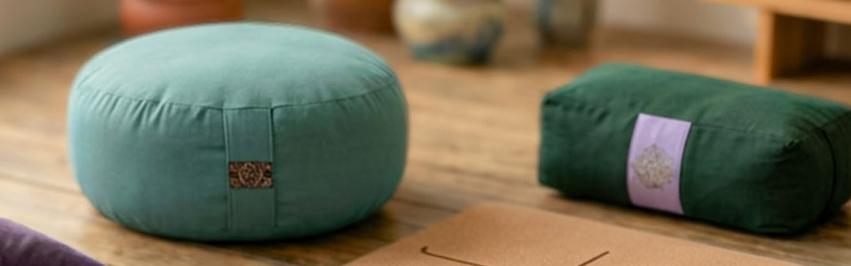 Ein rundes und ein rechteckiges Meditationskissen auf einem Holzboden, mit einer Yogamatte im Vordergrund.