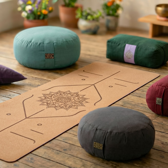 Meditationskissen und Yogamatte in einem ruhigen Raum mit Holzboden und Pflanzen.