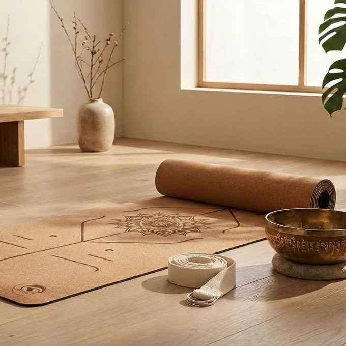 Yoga-Matte mit Blumenmuster, Klangschale, Meditationsgurt und Vase im Licht eines Fensters.