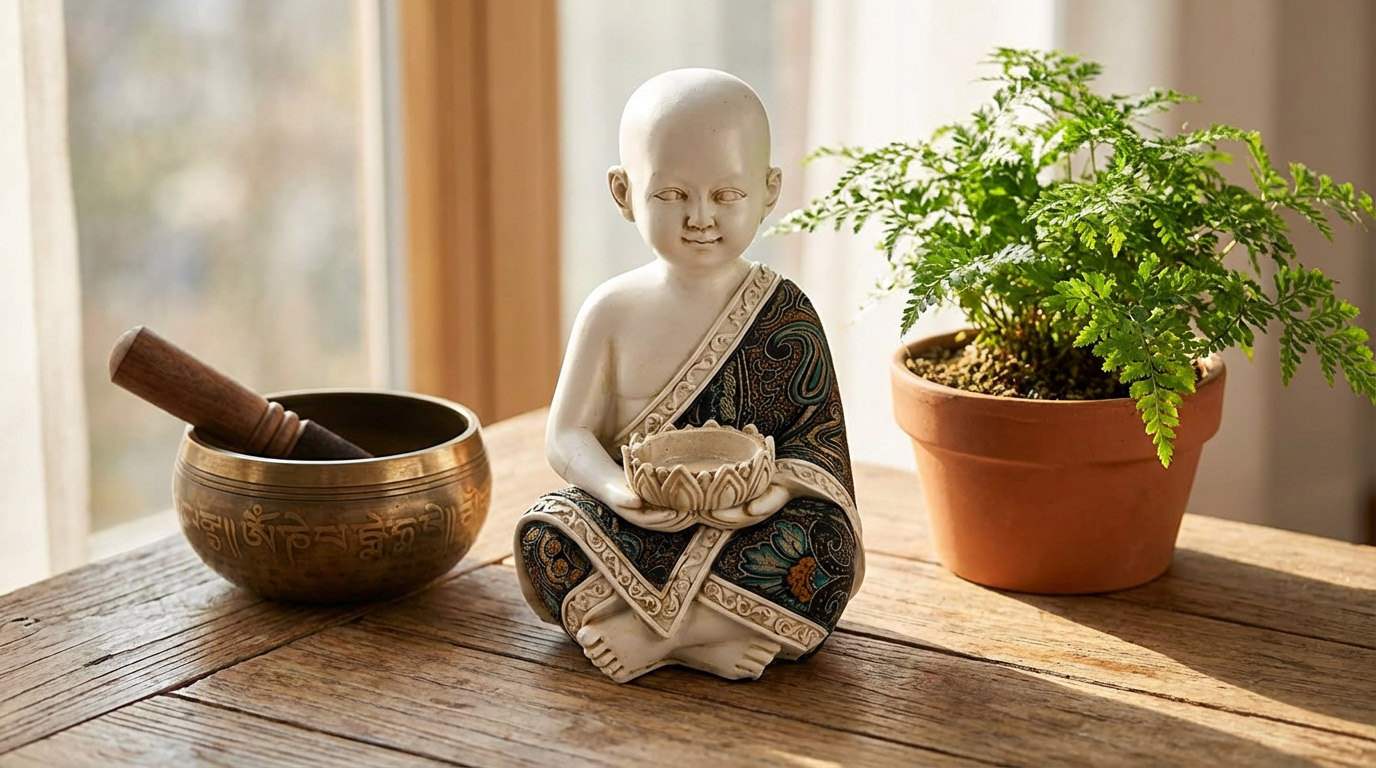 Mönchfigur mit Teelicht als Dekoration im Wohnzimmer arrangiert