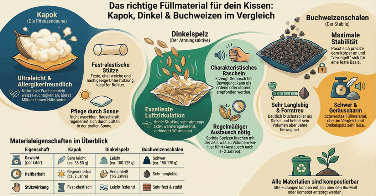 Füllmittel im Vergleich: Dinkelspelzen, Buchweizenschalen und Kapok