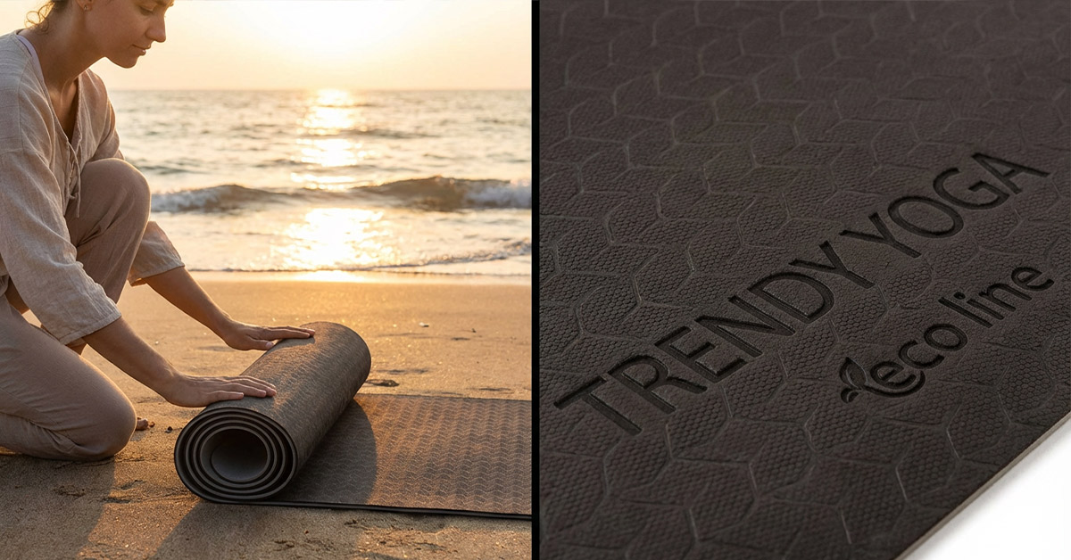 Reise Yogamatte Eco Line ausgerollt am Strand und Nahaufnahme der rutschfesten Struktur