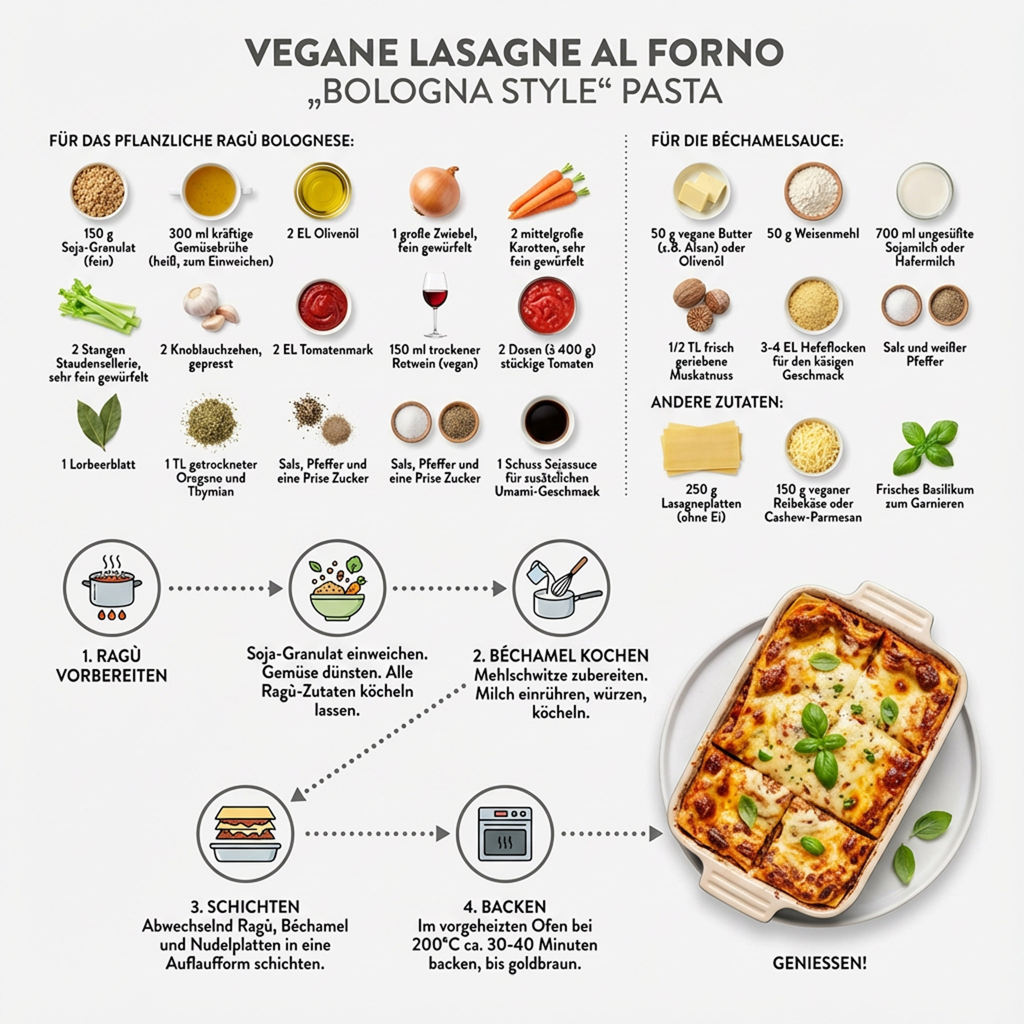 Anleitung für vegane Lasagne mit Zutaten und Zubereitungsschritten