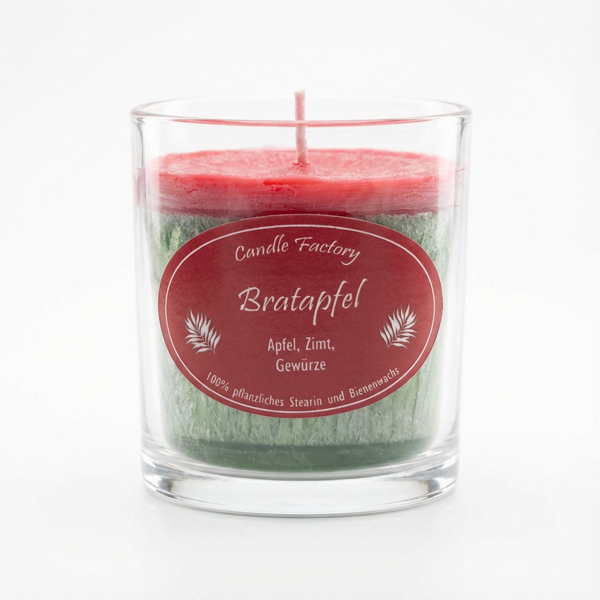 Duftkerze im Glas mit Bratapfel-Aroma, Zutaten Apfel, Zimt, Gewürze.