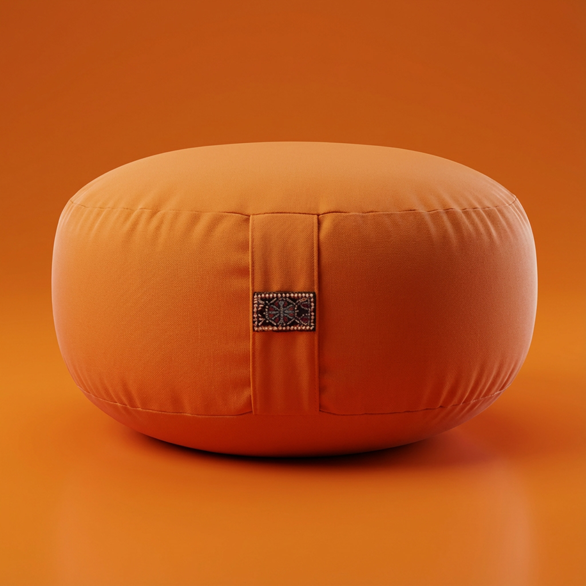 Ein orangefarbener Meditationskissen auf orangefarbenem Hintergrund mit einem kleinen verzierten Etikett.