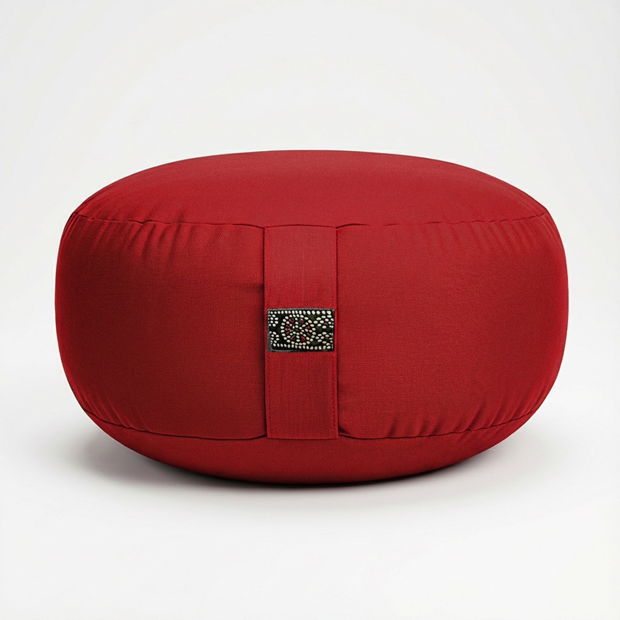 Rundes rotes Sitzkissen mit Schlaufe und Verzierung
