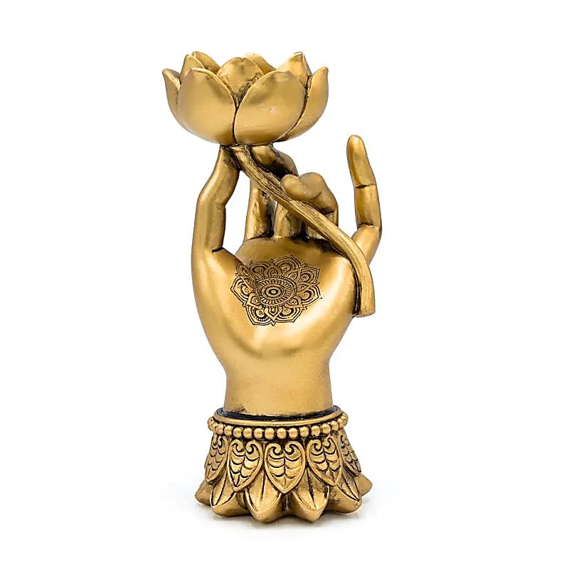 Dekorative goldene Handstatue, die eine Lotusblüte hält
