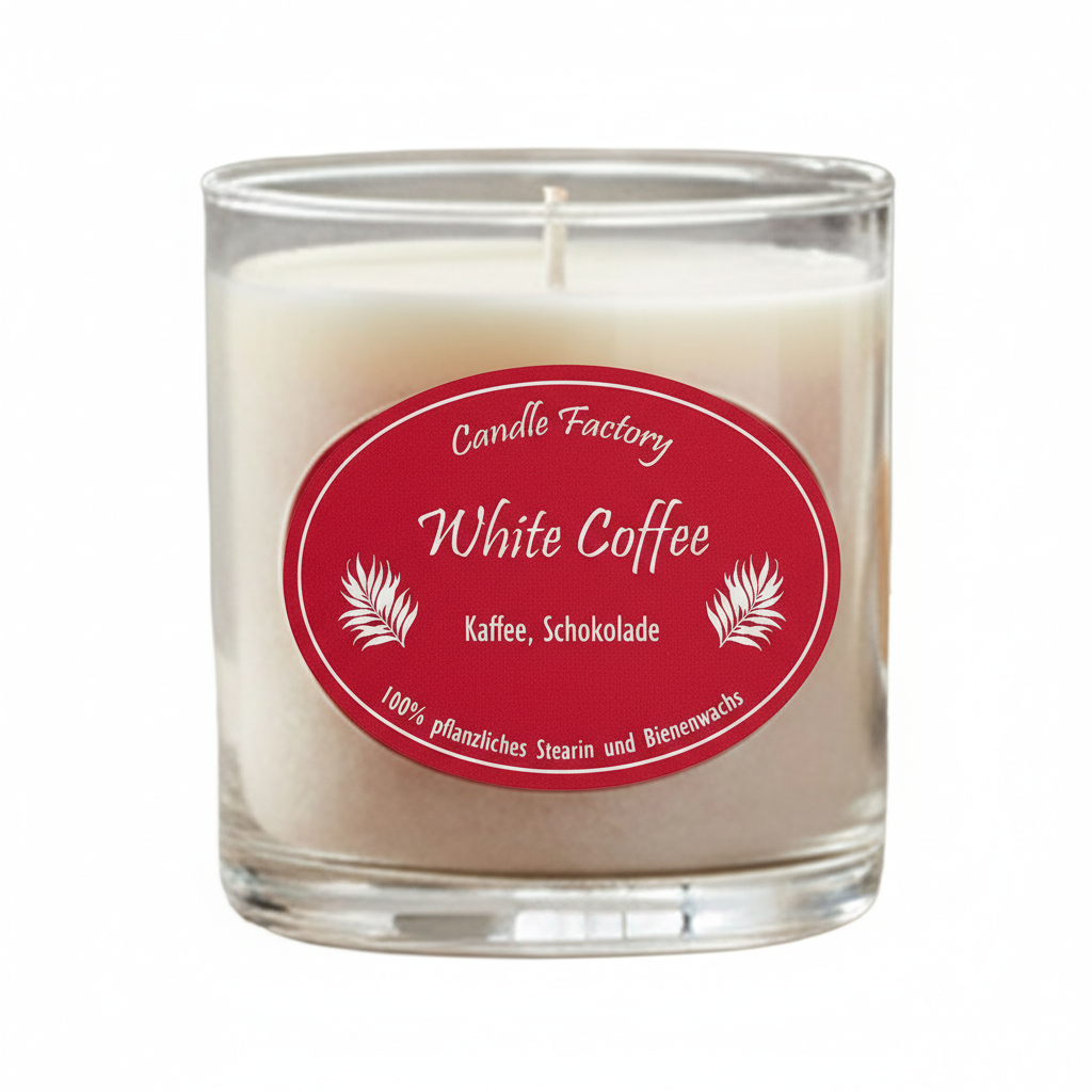 Weiße Duftkerze im Glas mit rotem Etikett der Sorte White Coffee mit Kaffee- und Schokoladenduft