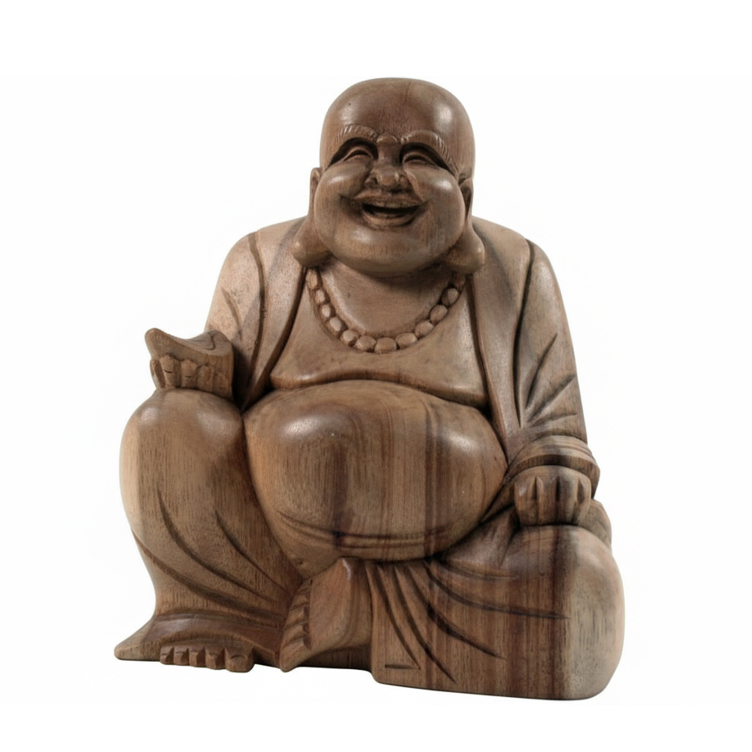 Holzfigur eines sitzenden, lachenden Buddhas mit großer Bauchform