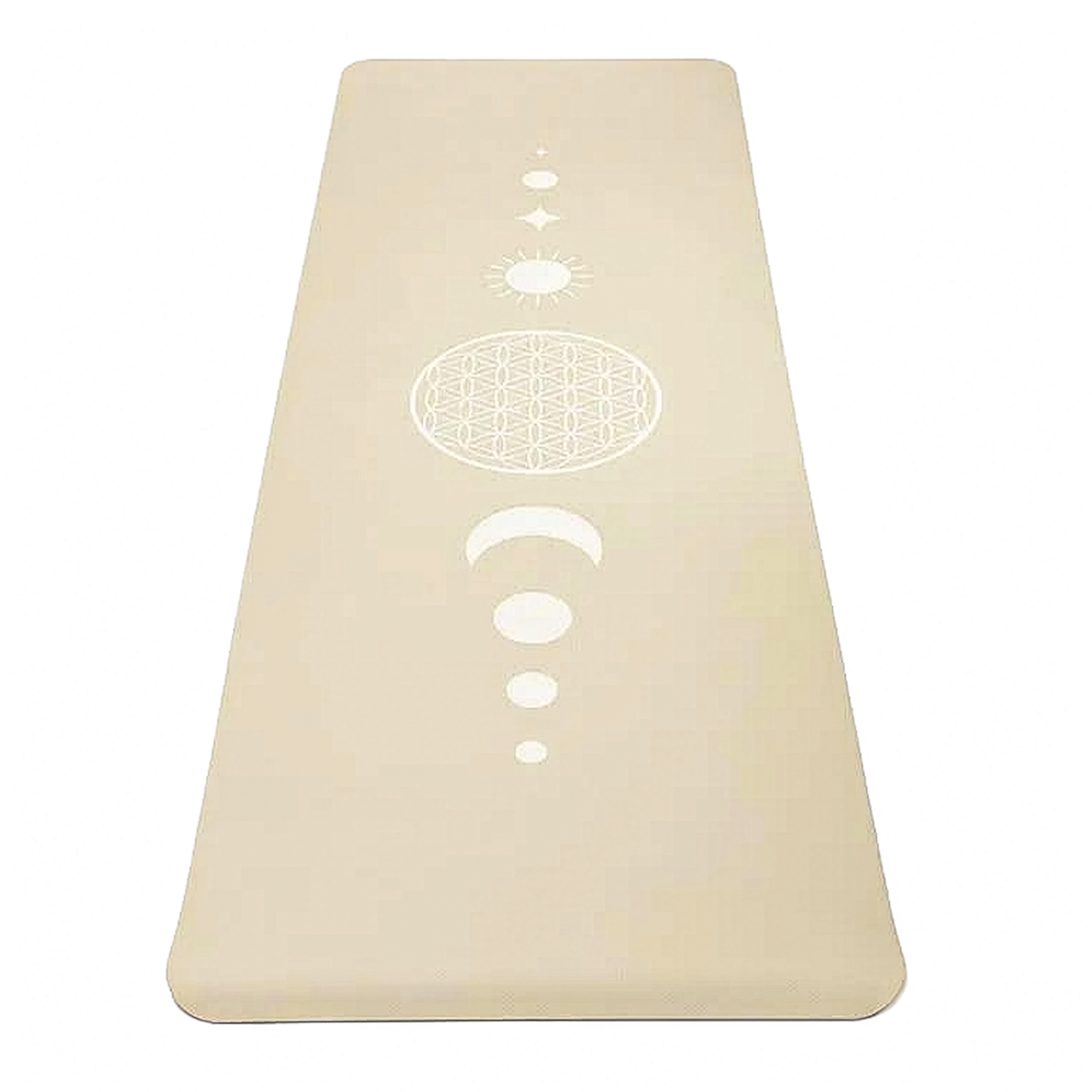 Beige Yogamatte mit zentralen geometrischen und spirituellen Symbolen