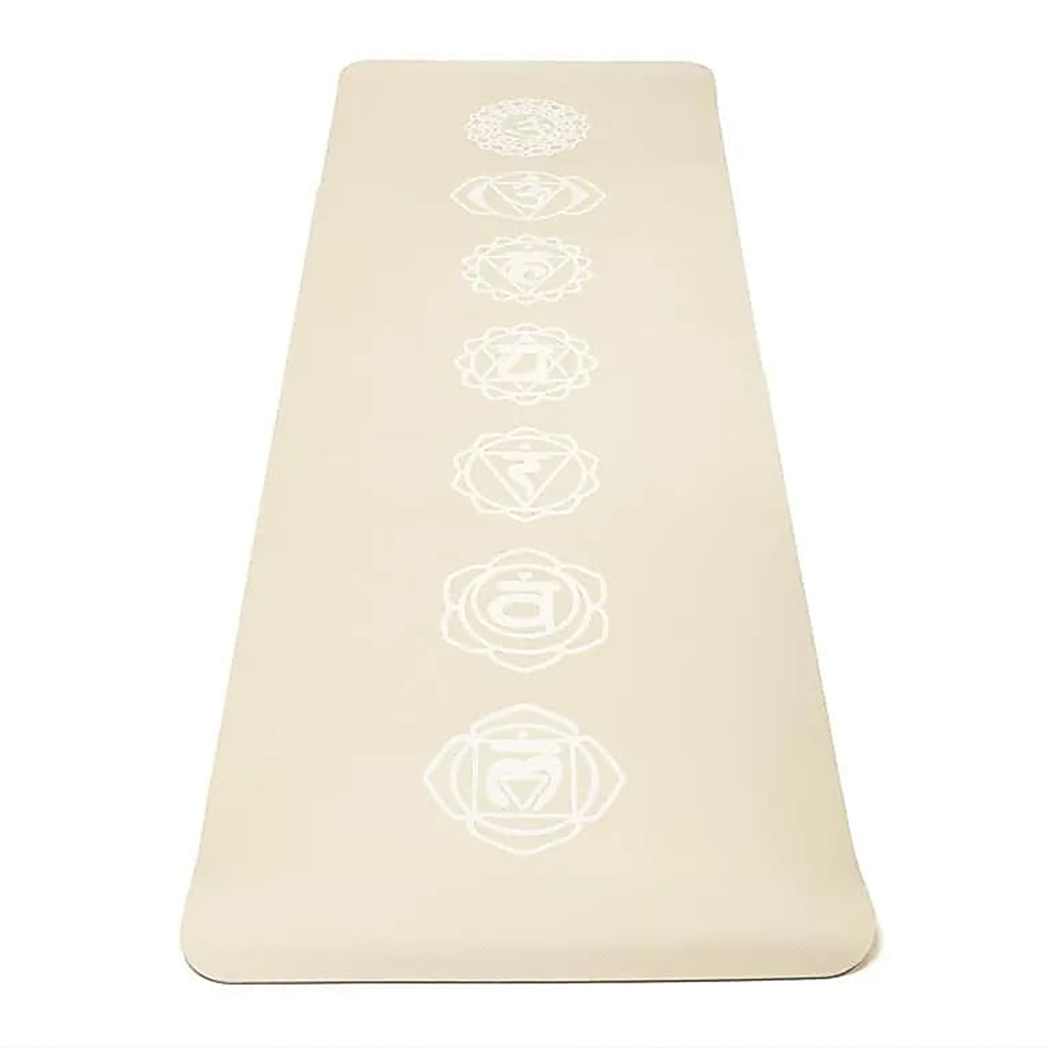 Beige Yogamatte mit einer Reihe weißer Chakra-Symbole in der Mitte