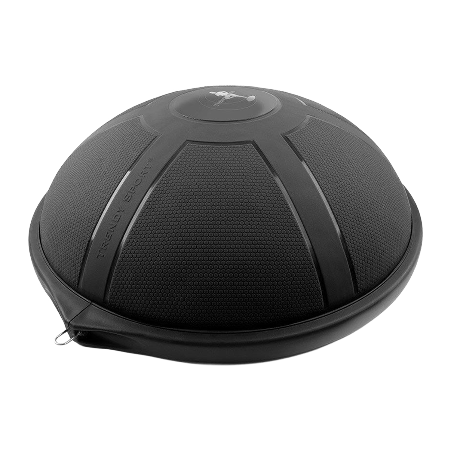 Ein schwarzer halbkreisförmiger Balance-Trainer mit harter Bodenplatte und strukturierter Oberfläche