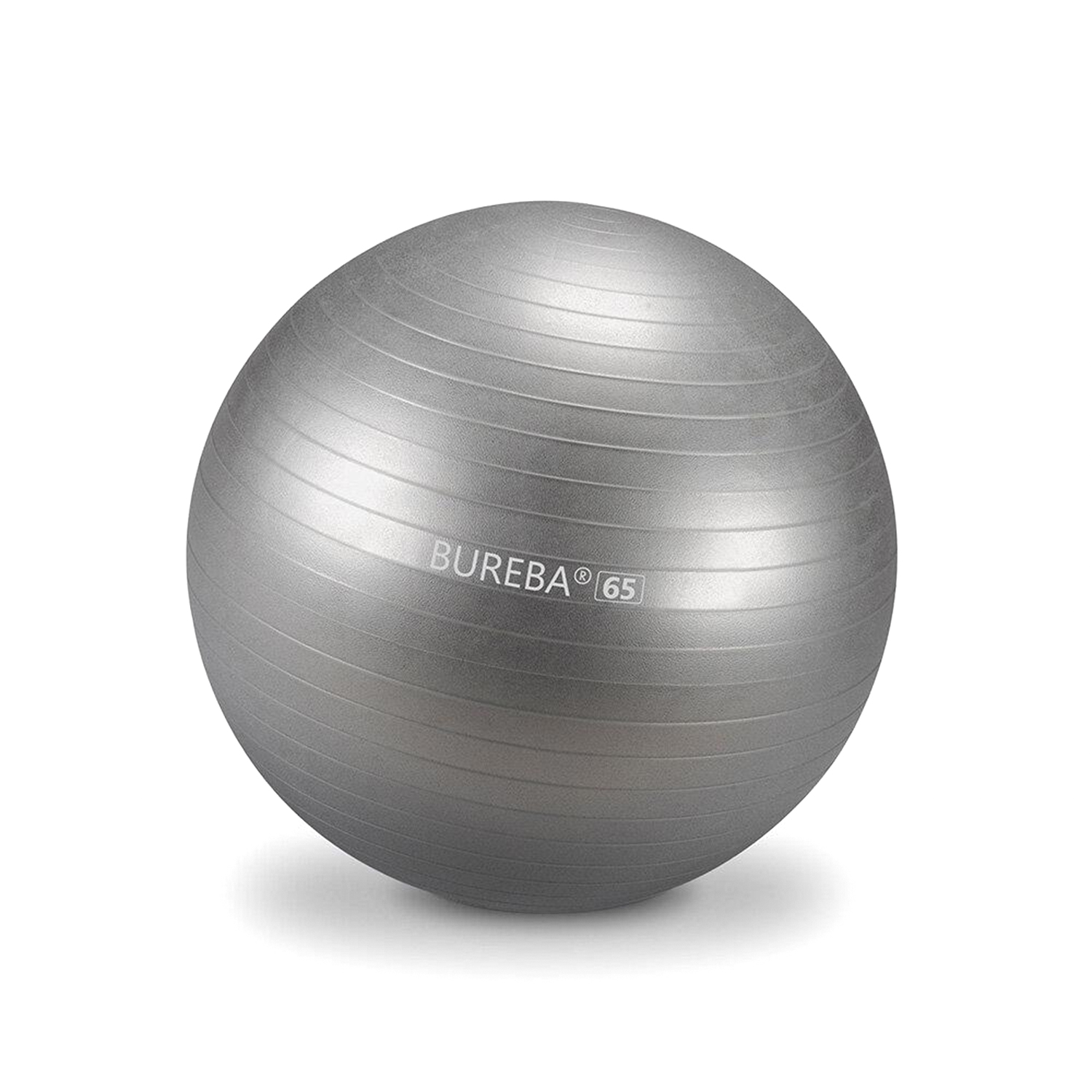 Silberner Gymnastikball mit der Aufschrift Bureba 65 auf weißem Hintergrund
