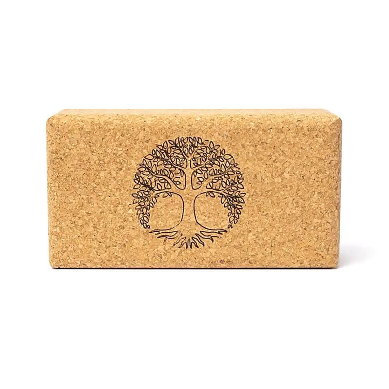 Rechteckiger Korkblock mit eingraviertem Baum-des-Lebens-Motiv auf der Vorderseite