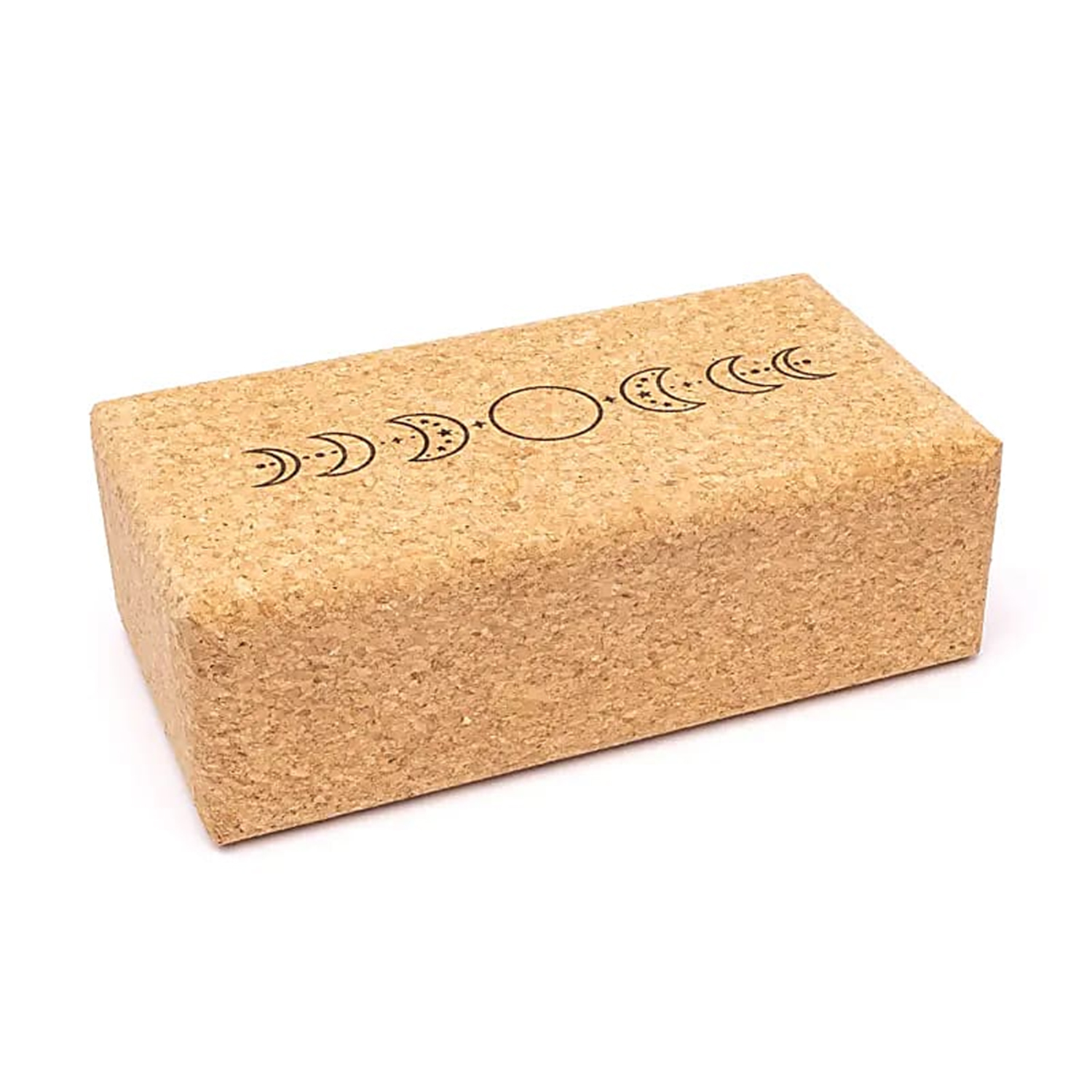 Ein Kork-Yogablock mit aufgedrucktem Mondphasen-Motiv.