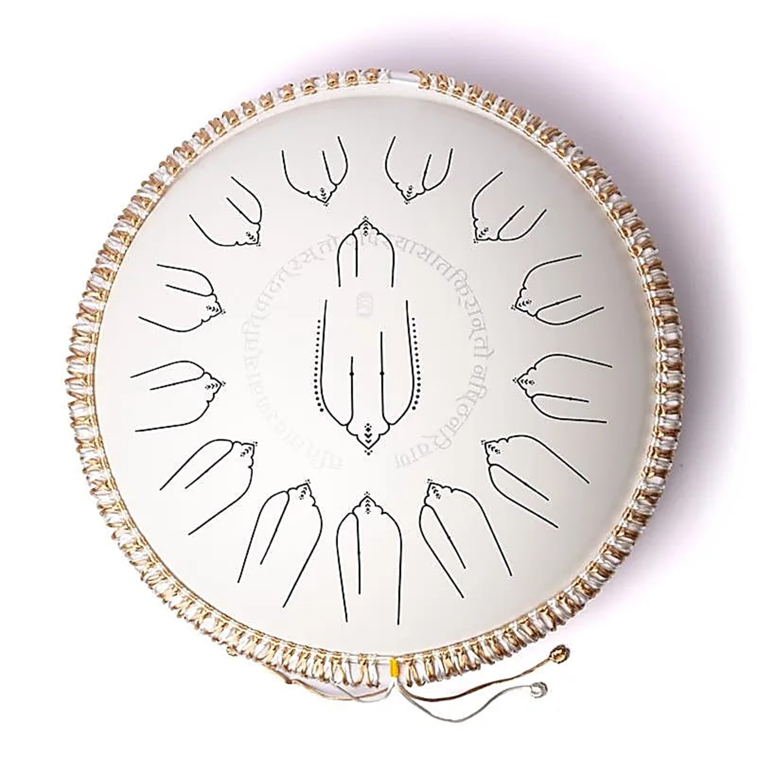 Runde dekorative Scheibe mit kreisförmig angeordneten abstrakten Linienzeichnungen und verziertem Rand