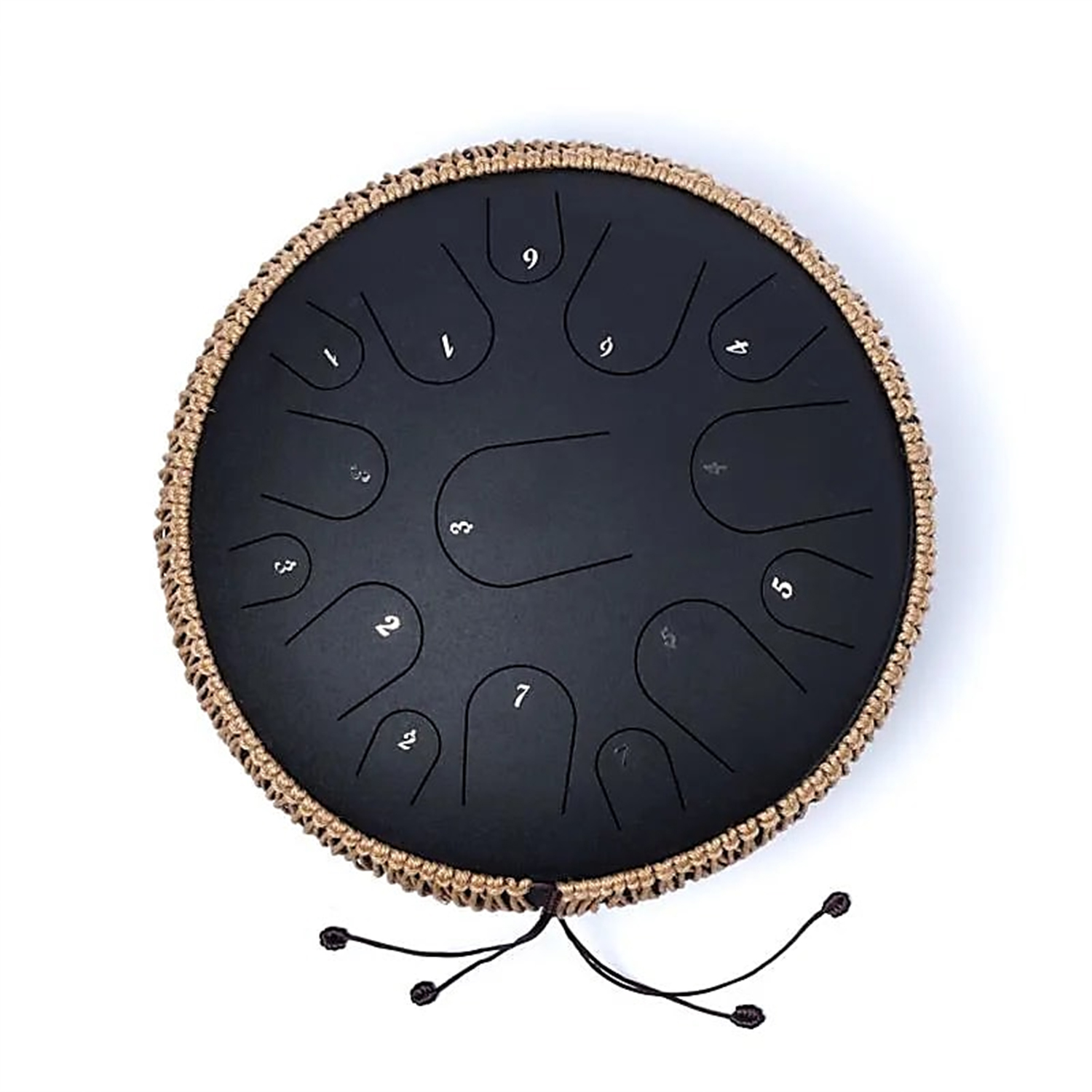 Schwarze runde Zungentrommel aus Metall mit nummerierten Klangzungen und geflochtenem Rand