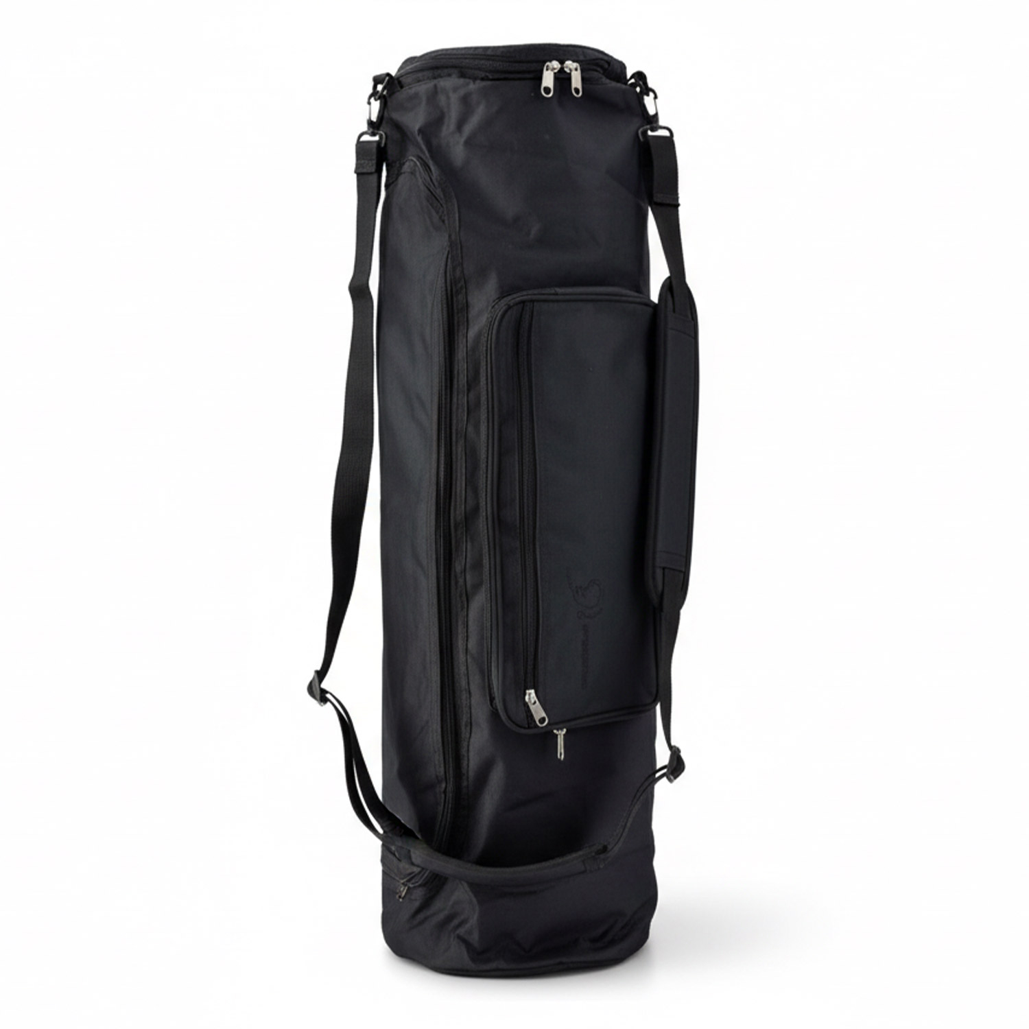 Schwarze längliche Tragetasche mit mehreren Reißverschlüssen und Schultergurt