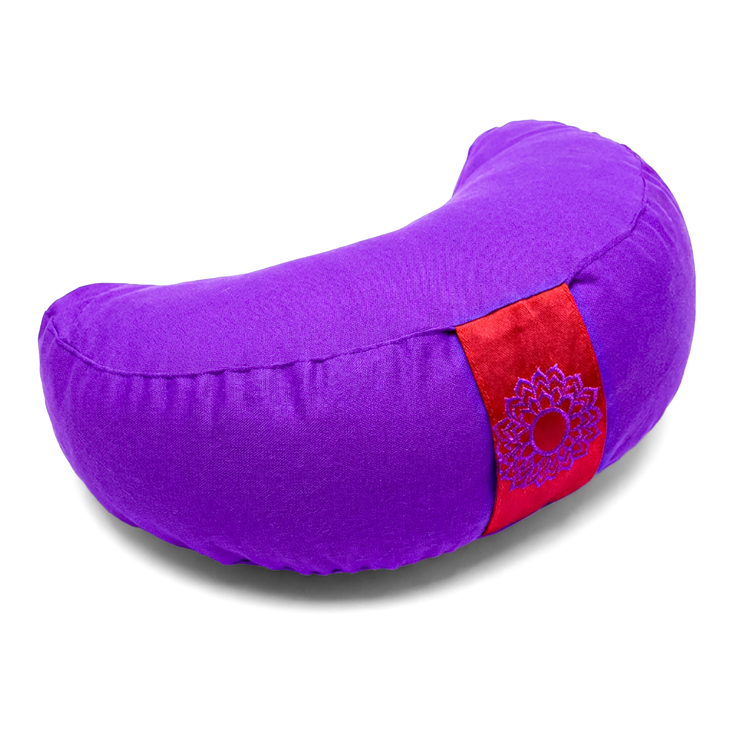 Ein lila, halbmondförmiges Meditationskissen mit rotem Einsatz und dekorativer Stickerei
