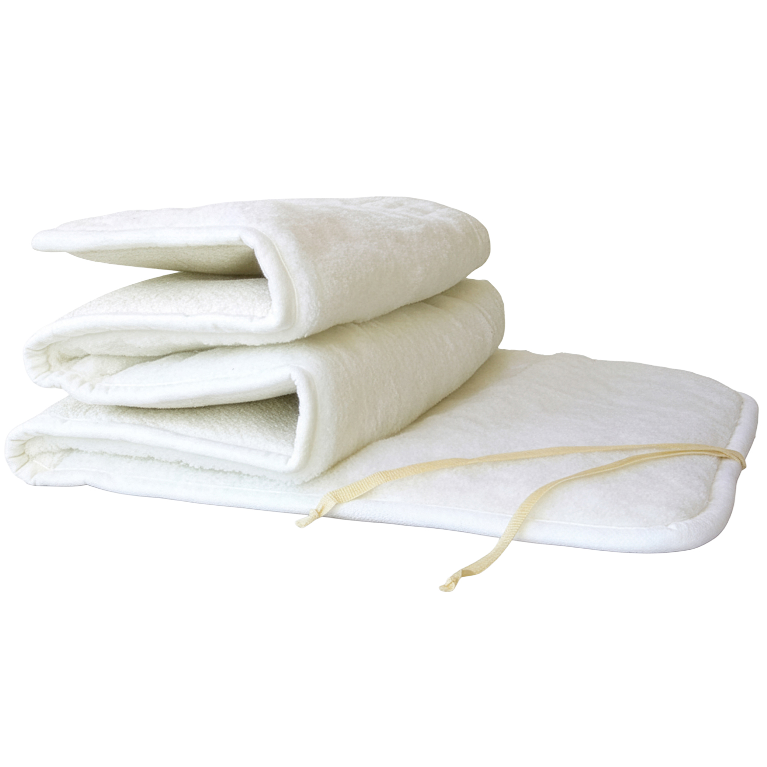 Weiße, weich wirkende Textilauflage, mehrfach gefaltet, mit angenähten Bändern