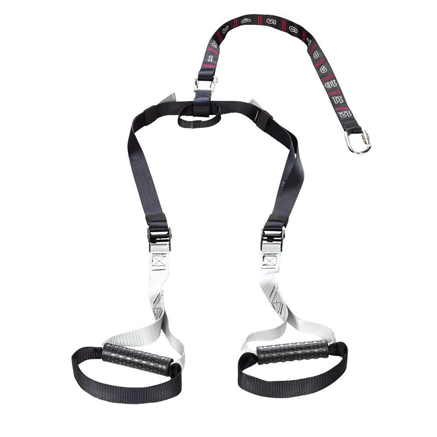 Abgebildet ist ein Schlingentrainer aus Gurten mit zwei Griffschlaufen zur Durchführung von Körpergewichtsübungen.