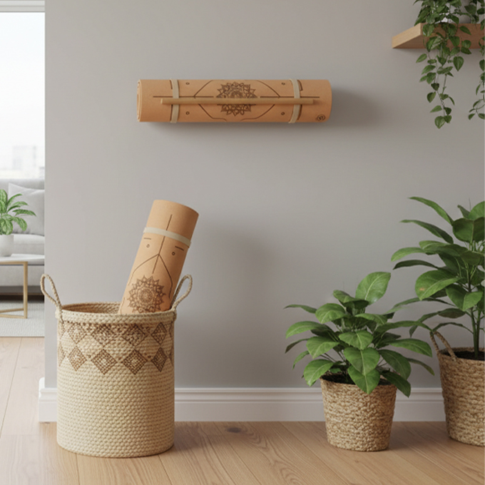 Ein eingerollte Yogamatte hängt an der Wand, eine weitere steht in einem geflochtenen Korb daneben, umgeben von mehreren grünen Zimmerpflanzen in einem hellen Wohnzimmer.