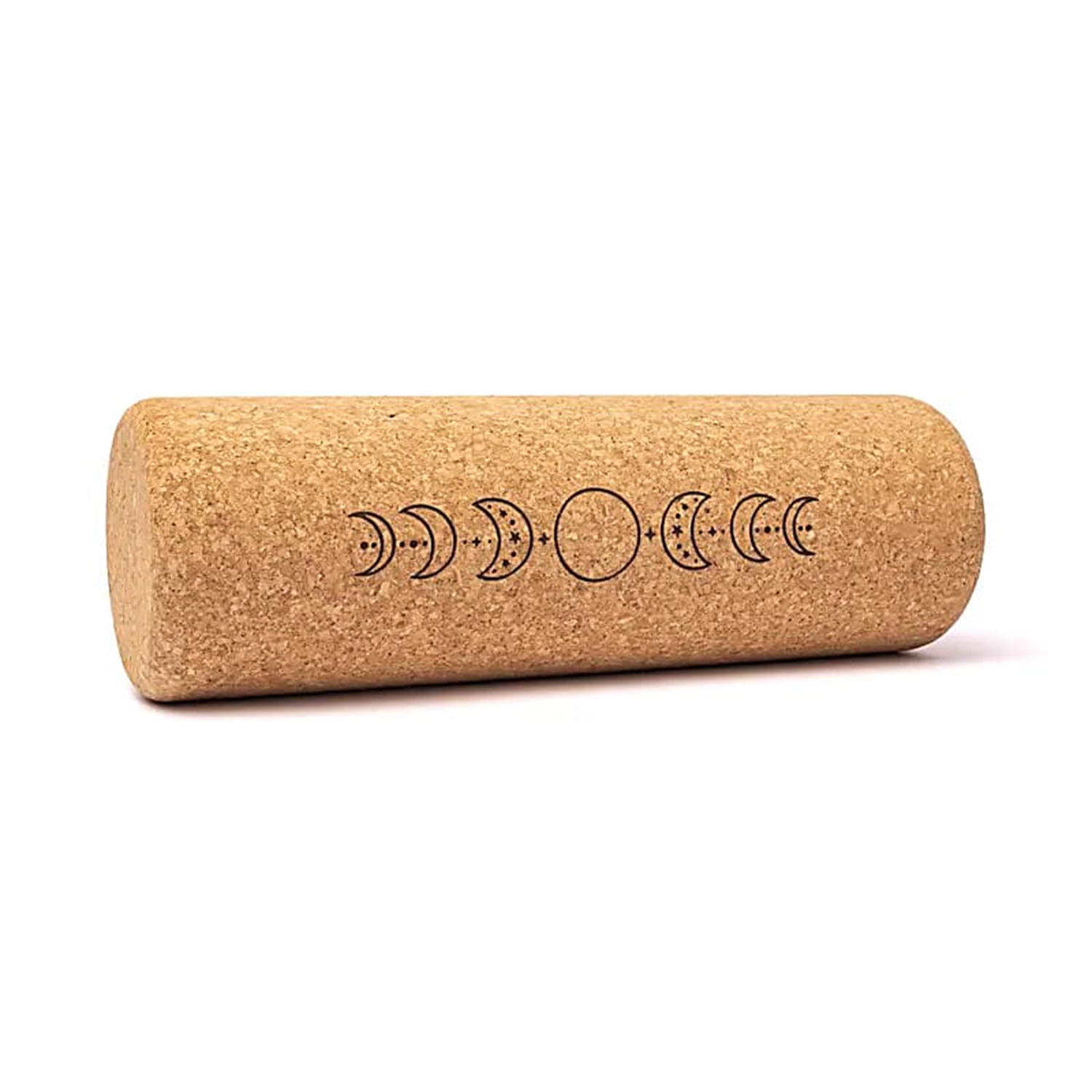 Zylindrische Korkrolle mit aufgedruckten Mondphasen-Symbolen.