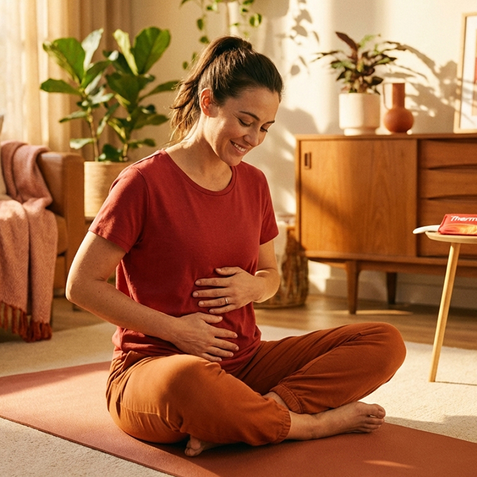 Frau praktiziert entspanntes Yoga gegen Menstruationsbeschwerden