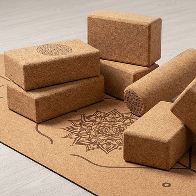 Mehrere Kork-Yogablöcke und eine Yogamatte mit Mandala-Muster auf hellem Boden