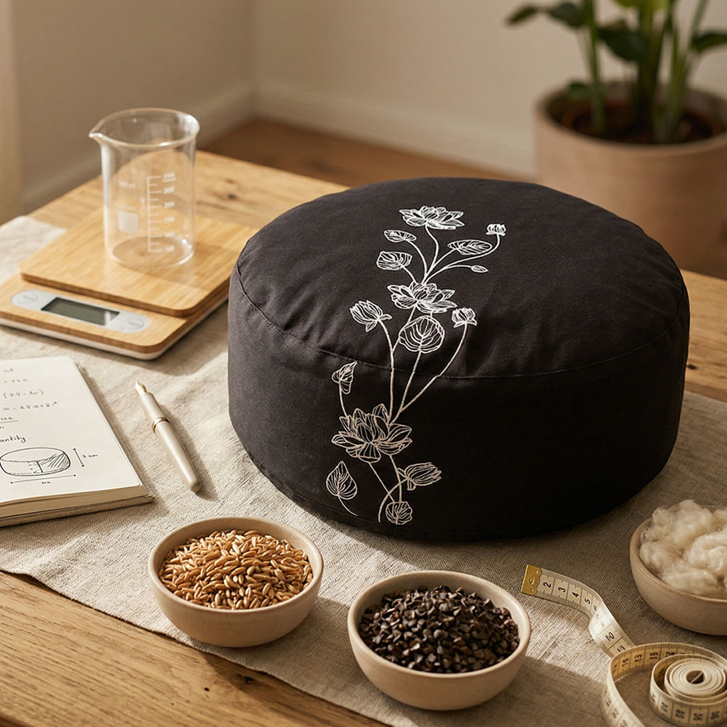 Ein rundes, dunkles Meditationskissen mit floraler Stickerei liegt auf einem Holztisch, umgeben von Schalen mit Naturmaterialien, einem Notizbuch, einem Messbecher auf einer Waage und einem Maßband.