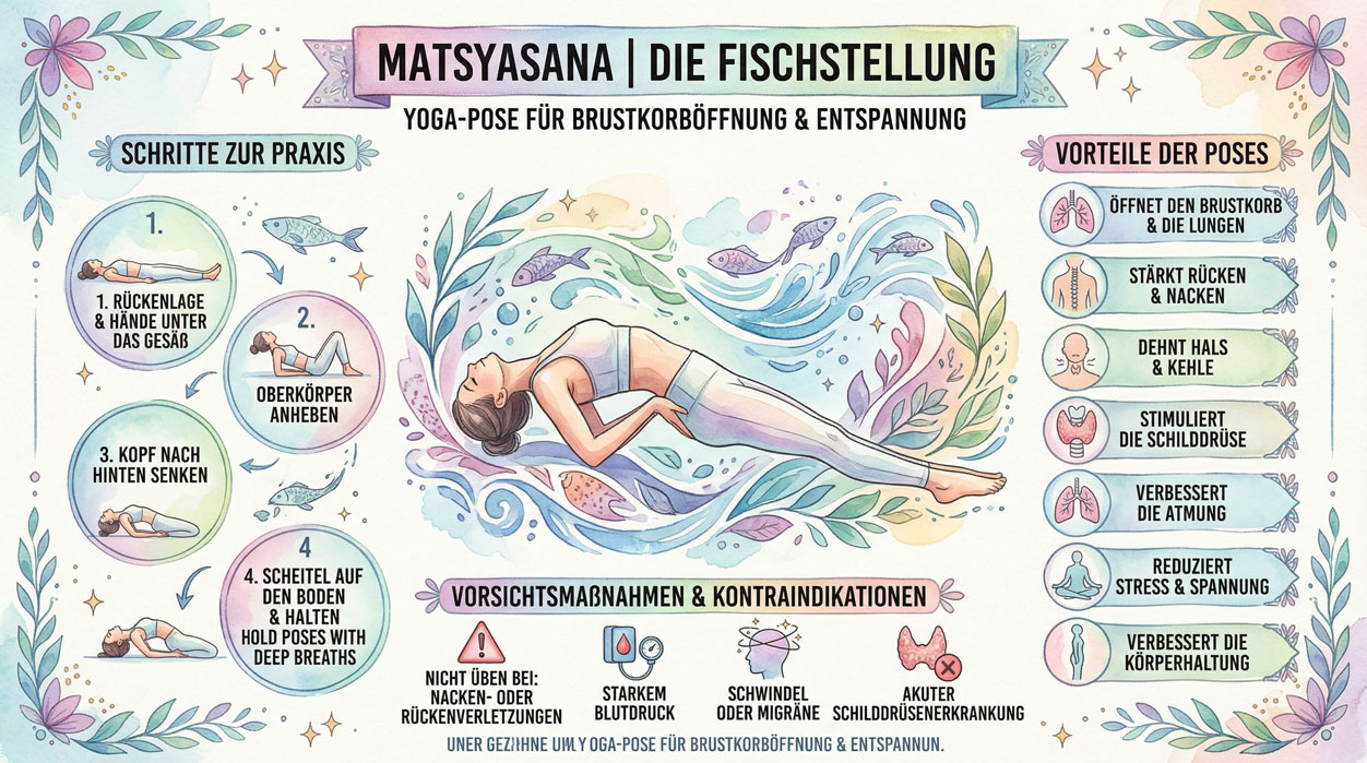 Illustration der Yoga-Pose Matsyasana mit Schritt-für-Schritt-Anleitung, Vorteilen und Vorsichtsmaßnahmen.