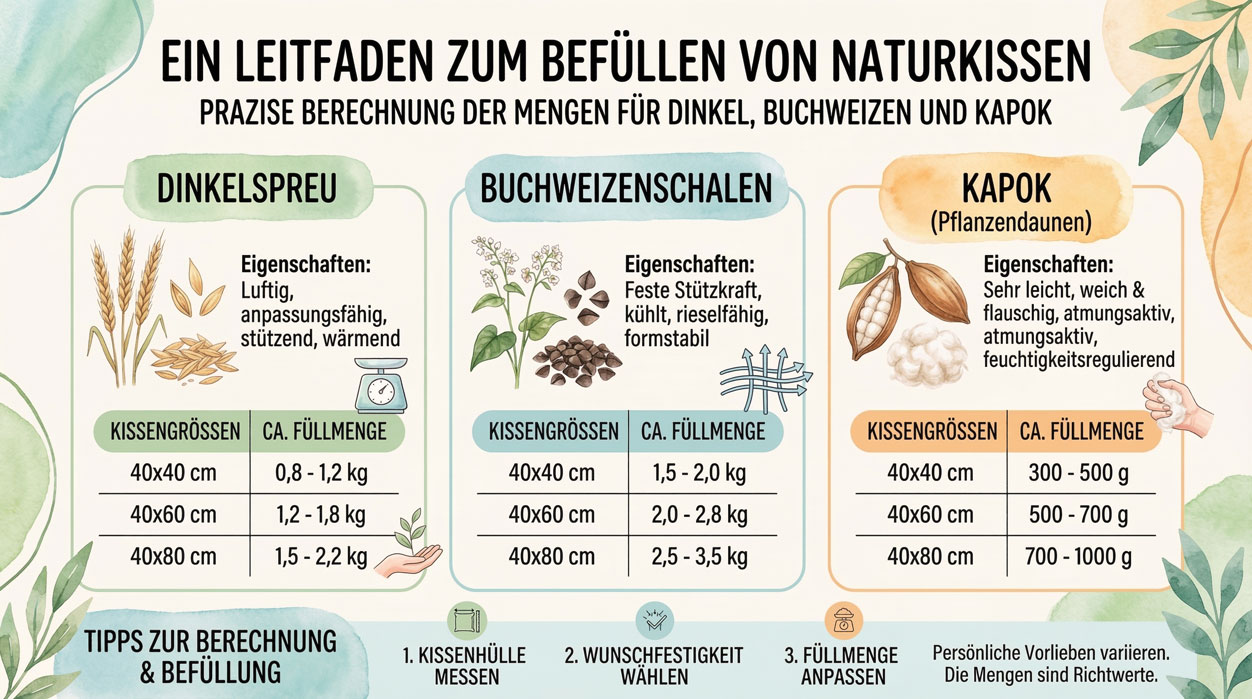 Infografik mit Füllmengen und Eigenschaften von Dinkelsprue, Buchweizenschalen und Kapok für verschiedene Kissengrößen.