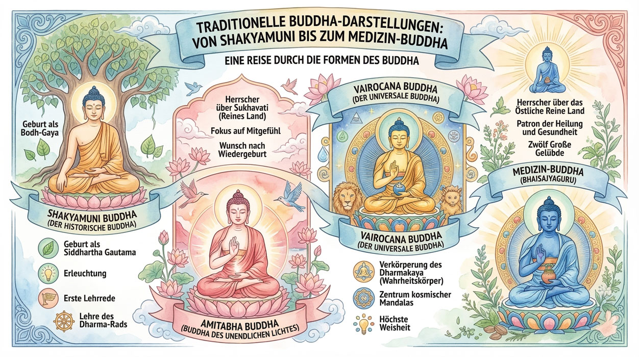 Infografik mit verschiedenen traditionellen Buddha-Darstellungen, darunter Shakyamuni, Amitabha, Vairocana und der Medizin-Buddha, jeweils mit Symbolen und kurzen Beschreibungen ihrer Eigenschaften.