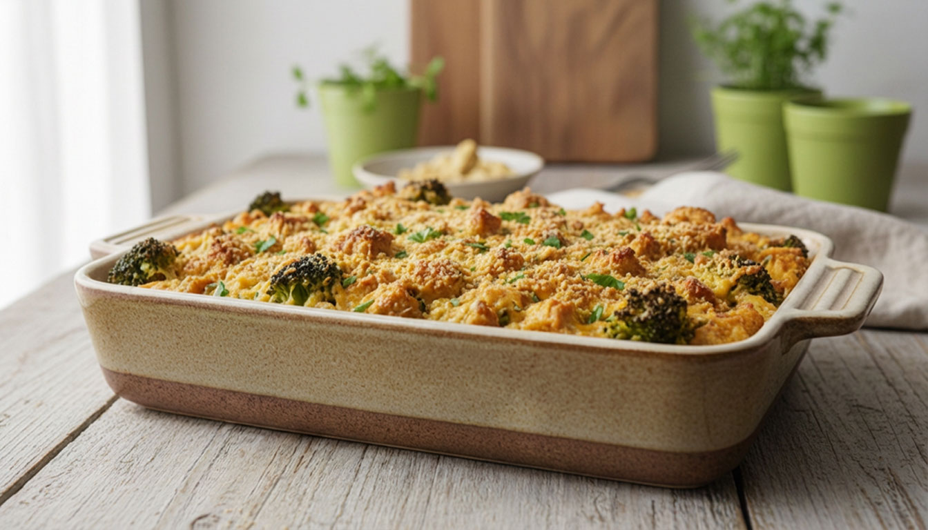 Ein frisch gebackener Gemüseauflauf mit Brokkoli und knuspriger Kruste in einer rechteckigen Auflaufform auf einem Holztisch.