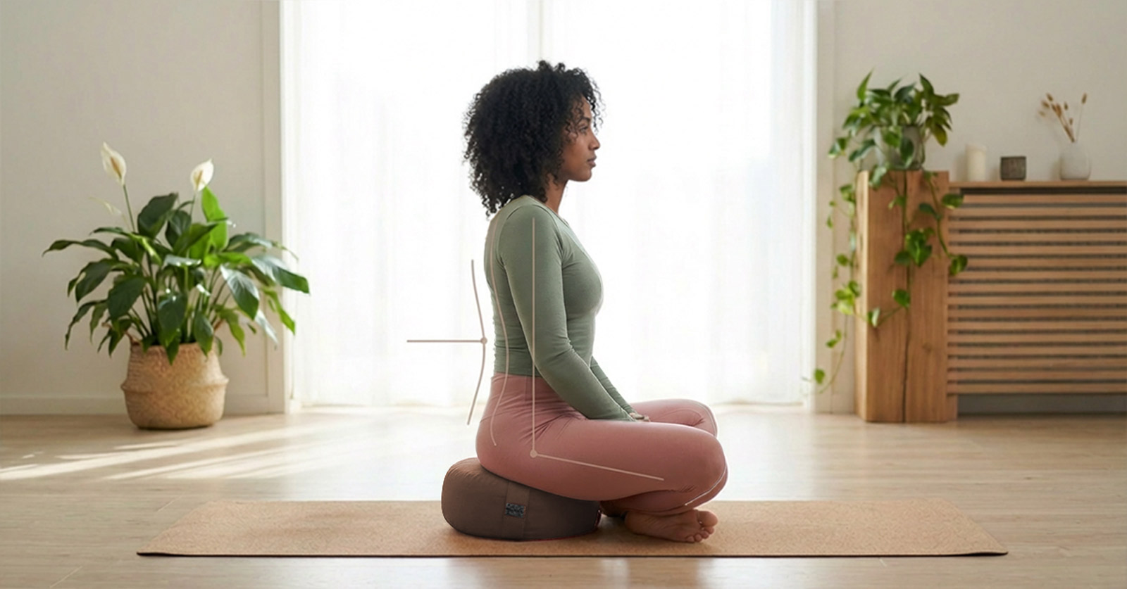 Meditation mit rundem Yogakissen in Braun aus Bio-Baumwolle