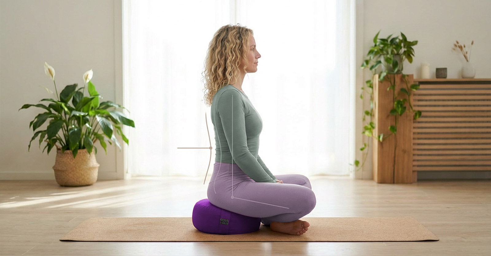 Meditation mit rundem Yogakissen in Purpur aus Bio-Baumwolle