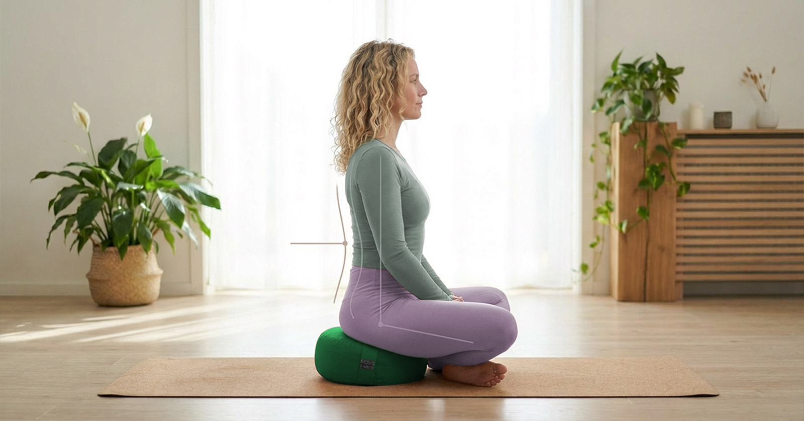 Meditation mit rundem Yogakissen Grün aus Bio-Baumwolle