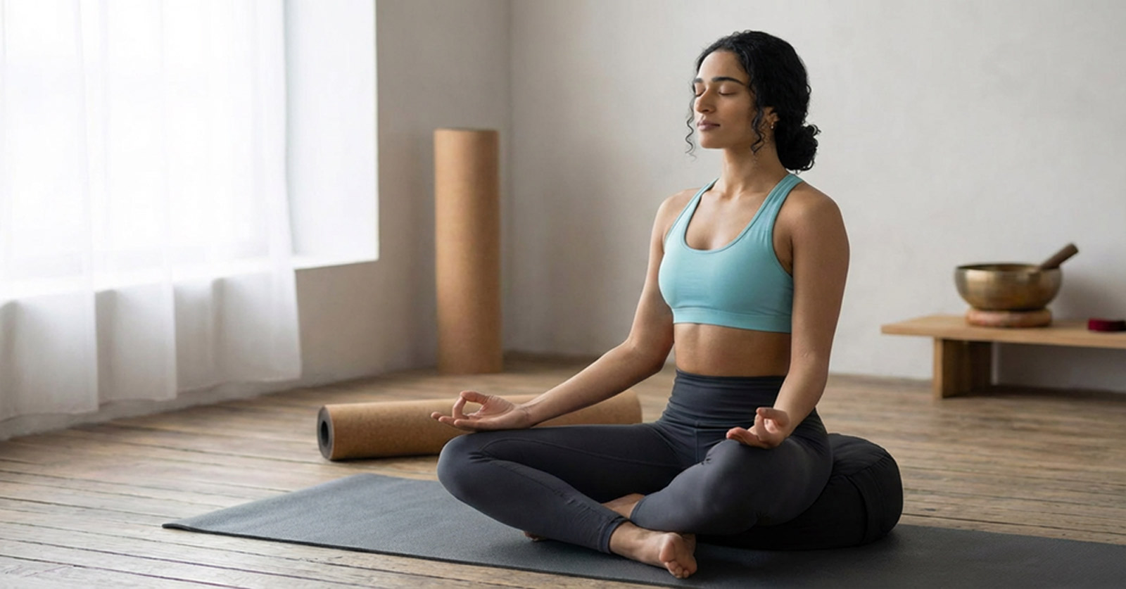 Meditation mit rundem Yogakissen in Schwarz aus Bio-Baumwolle