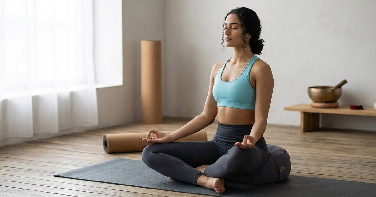 Meditation mit rundem Yogakissen in Anthrazit aus Bio-Baumwolle