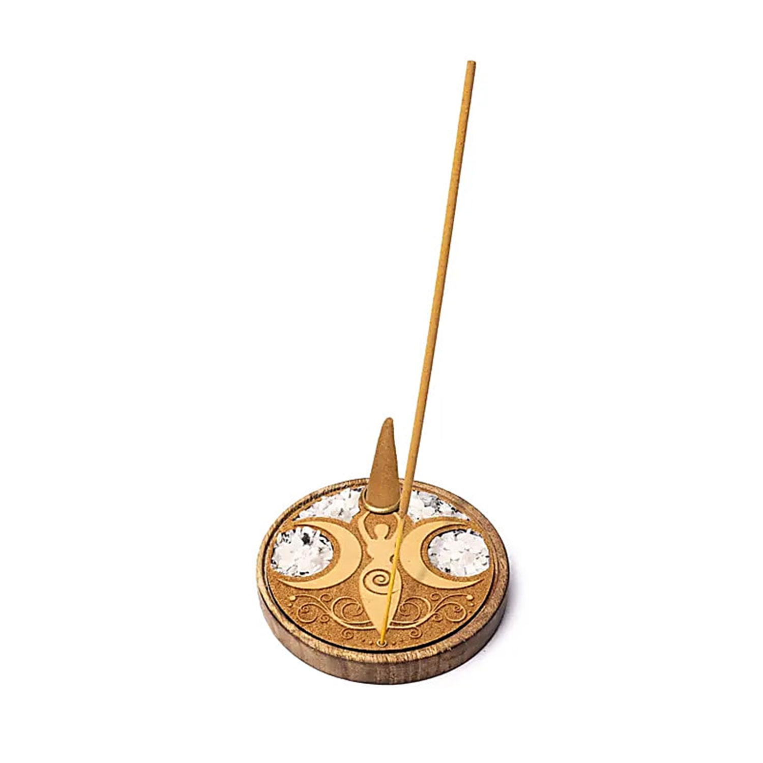 Runder Holzhalter mit verziertem Symbol, einem stehenden Räucherstäbchen und einem Räucherkegel