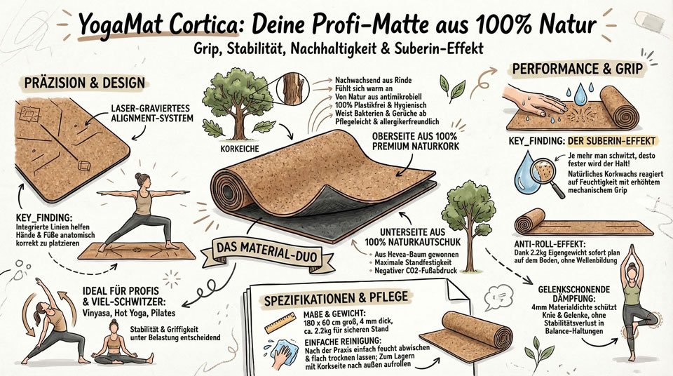 Infografik über die YogaMat Cortica, eine Yogamatte aus Naturkork und Naturkautschuk, mit Informationen zu Material, Grip, Nachhaltigkeit, Design, Dämpfung, Pflege und Einsatzbereichen.