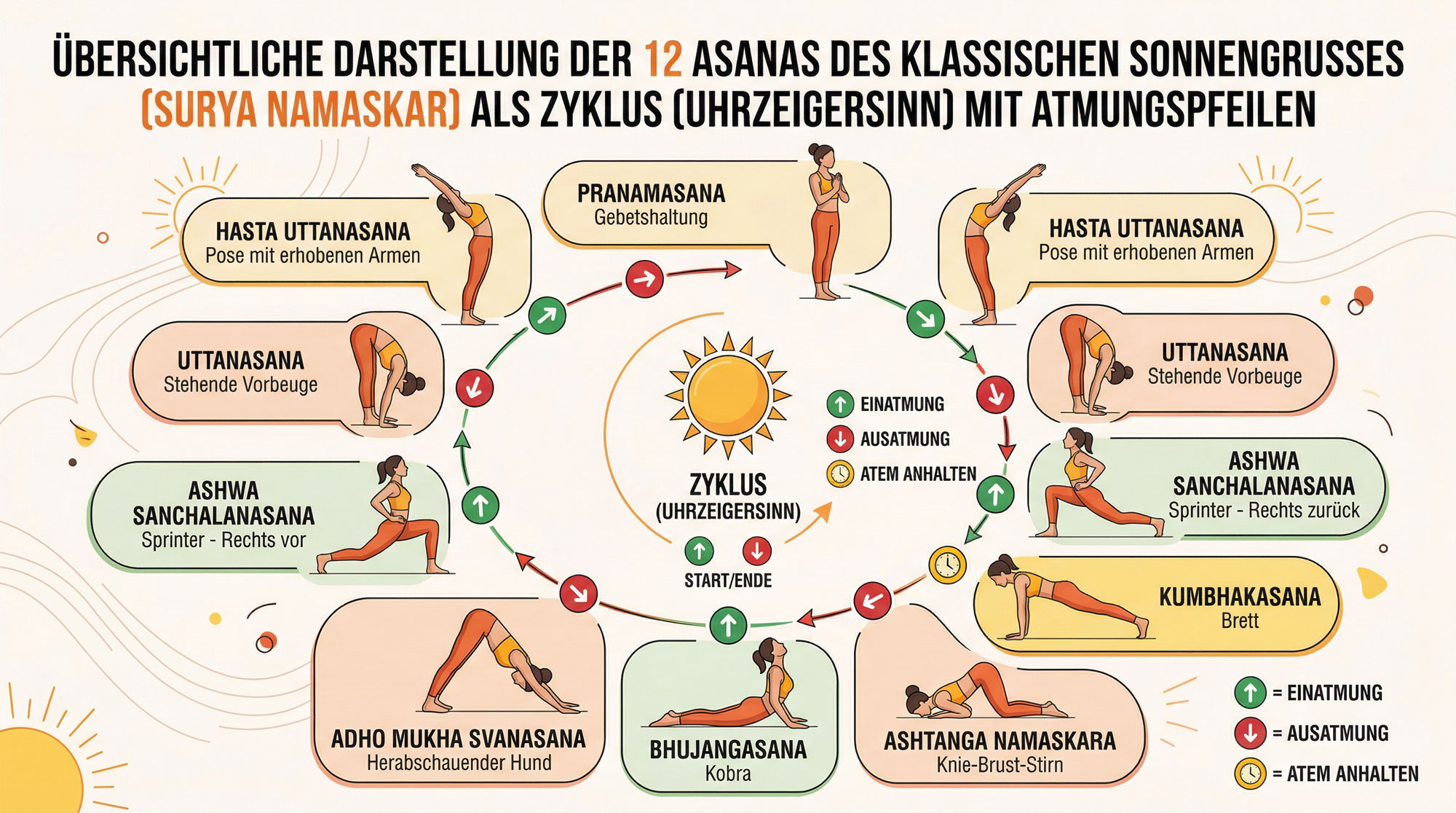 Grafische Darstellung der 12 Asanas des klassischen Sonnengrußes Surya Namaskar mit Abbildungen der Positionen, Namen, Atemhinweisen und zyklischem Ablauf.