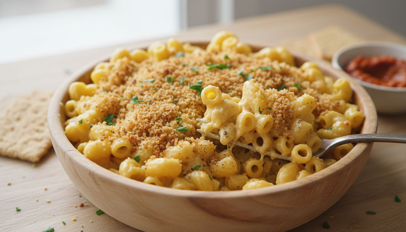 Nahaufnahme einer Holzschüssel mit cremigem Mac and Cheese und knusprigen Brotkrumen
