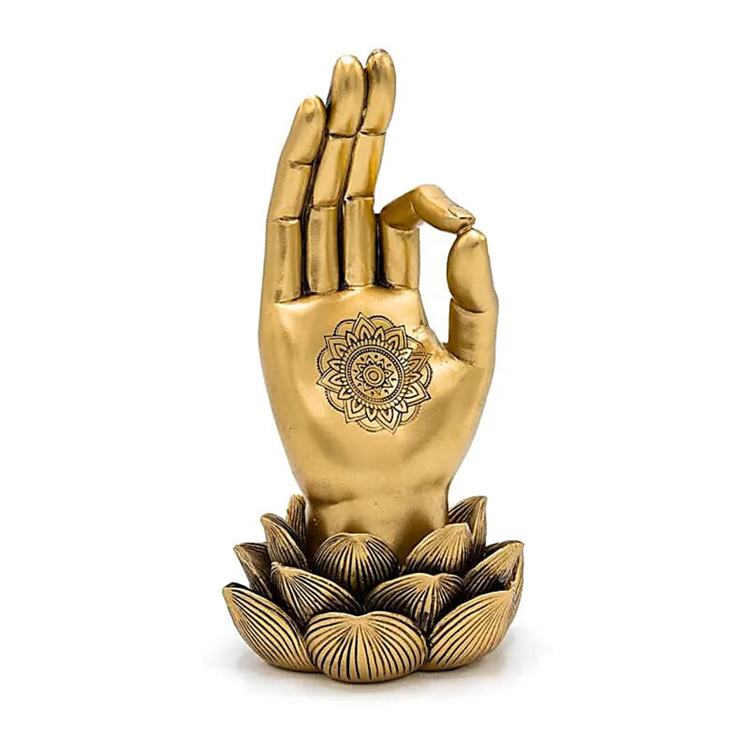 Goldene dekorative Handstatue mit Mandala auf der Handfläche, stehend auf einer Lotusblüte