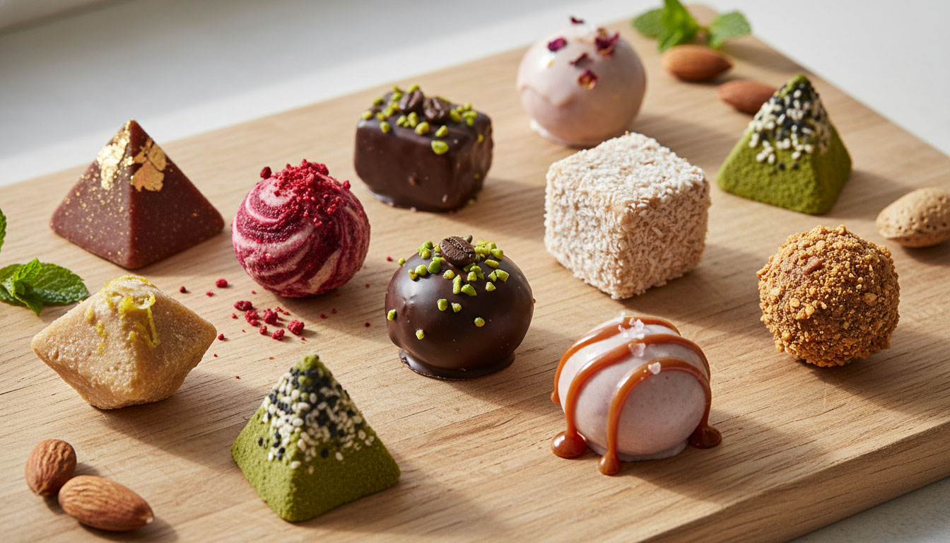 Verschiedene kunstvoll verzierte Pralinen in Kugel- und Pyramidenform auf einem Holzbrett arrangiert