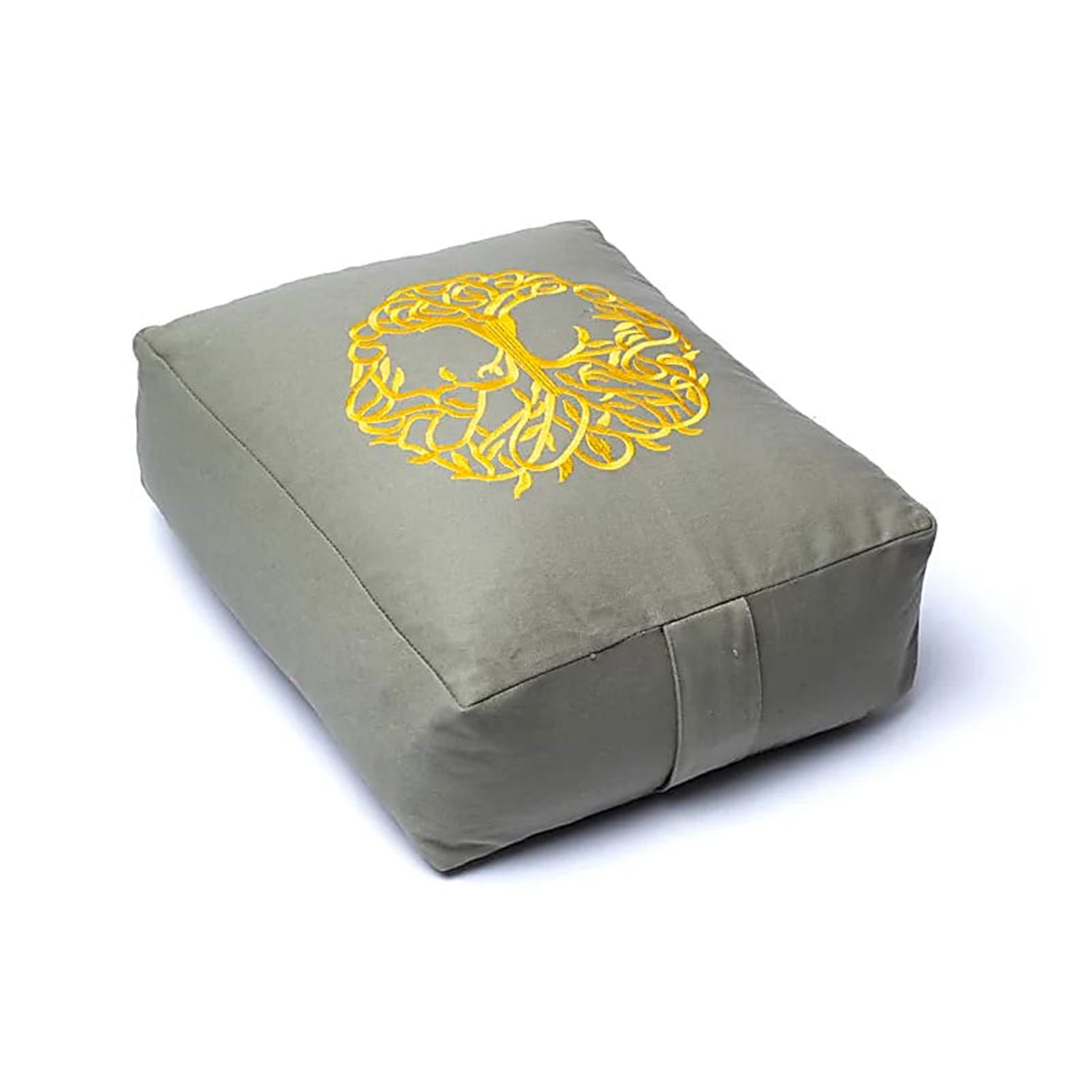 Graues rechteckiges Meditationskissen mit gelbem Baum-des-Lebens-Motiv
