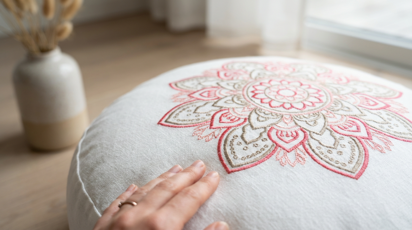 Besticktes Yogakissen in Nahaufnahme mit Hand die Qualität prüft
