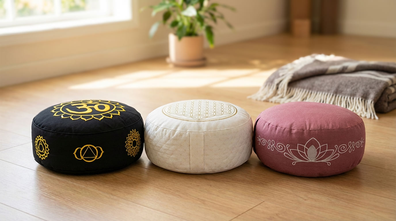 Drei runde Meditationskissen in Schwarz, Weiß und Rosa stehen nebeneinander auf einem Holzfußboden, im Hintergrund eine Pflanze und gefaltete Decken.