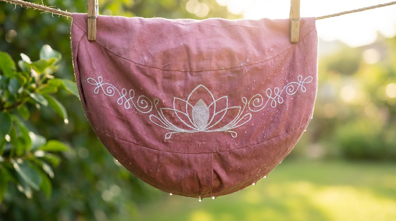 Rosa, halbkreisförmiger Yogakissen Bezug mit weißer Lotusstickerei hängt mit Wäscheklammern an einer Leine und zeigt Wassertropfen im Sonnenlicht.